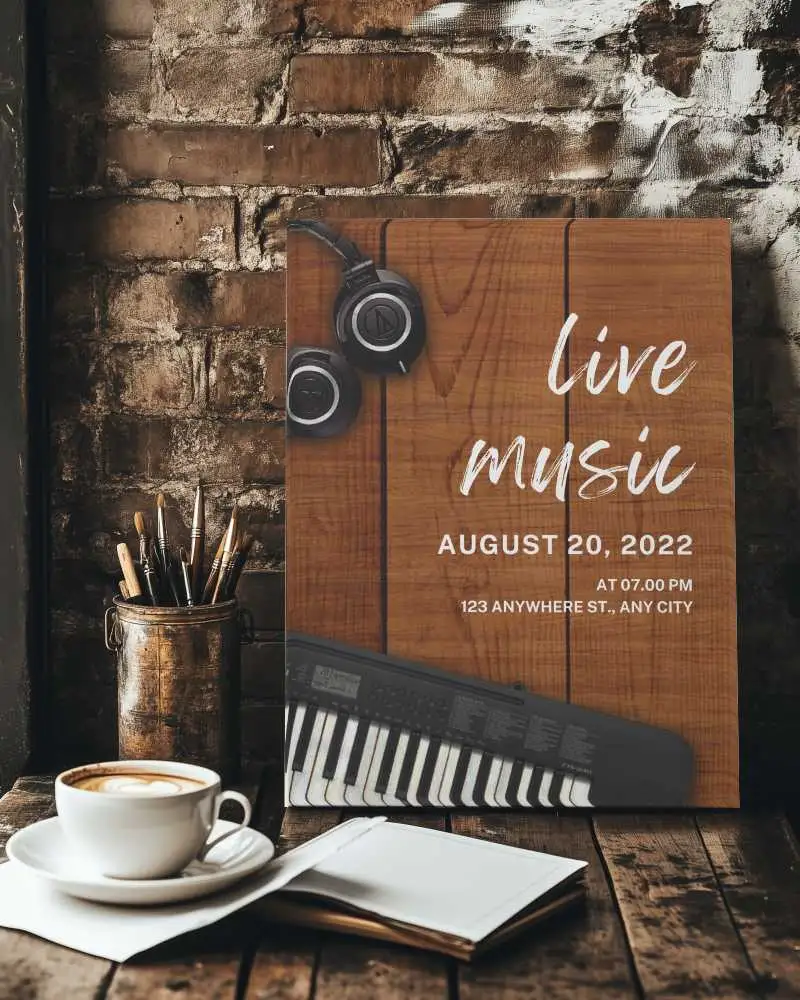 Rustic Coffee Shop Leaning Canvas Mockup Against Exposed Brick Wall With Vintage Mug And Sketchbook