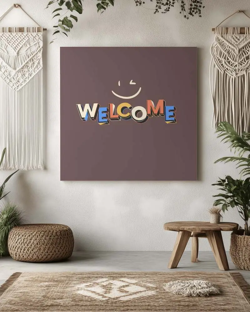 Bohemian Style Wall Canvas Mockup With Macrame Decor Rustic Furniture And Natural Textures