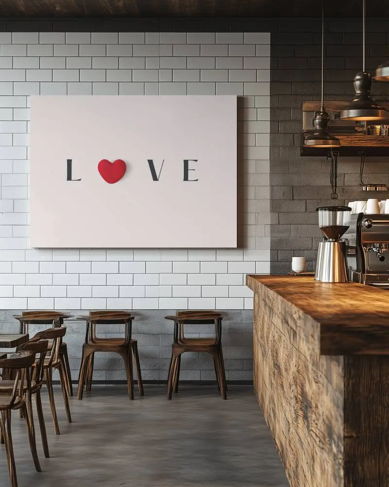 Modern Rustic Cafe Wall Canvas Mockup With White Subway Tiles Wooden Furniture And Coffee Bar