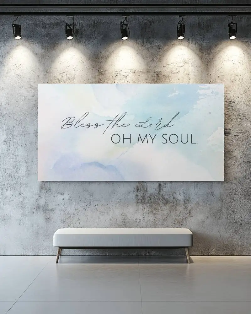 Industrial Gallery Wall Canvas Mockup With Textured Concrete Background Spotlights And Modern Bench