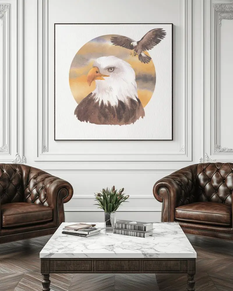 Classic Luxury Living Room Wall Canvas Mockup With White Paneled Walls Brown Leather Chesterfield Chairs And Marble Table