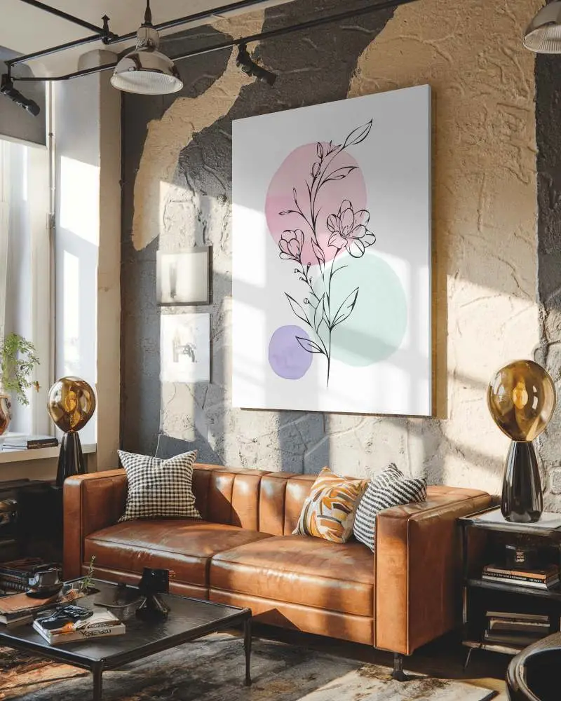 Industrial Loft Canvas Mockup Exposed Textured Wall Warm Sunlight Cozy Leather Sofa Modern Rustic Interior 083