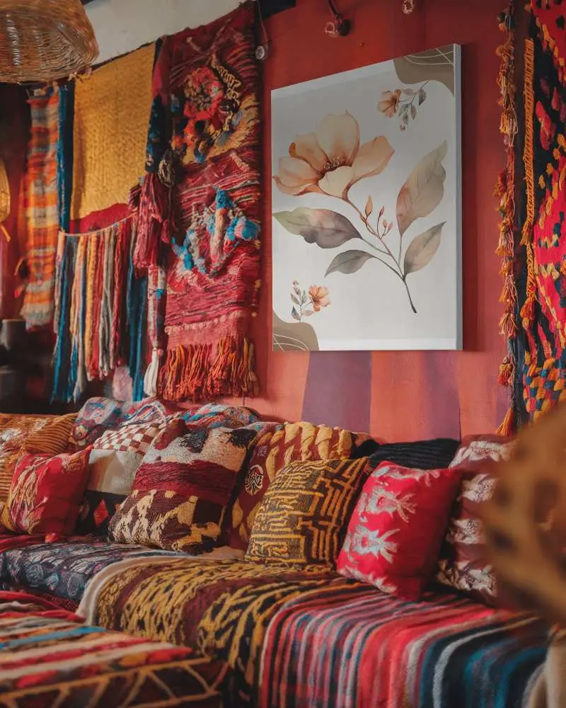Bohemian Textile Canvas Mockup Vibrant Patterned Pillows Rich Red And Gold Tones Eclectic Cozy Atmosphere 086