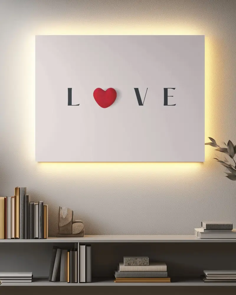 Warm Backlit Canvas Mockup Modern Bookshelf Decor With Cozy Ambient Lighting And Minimalist Aesthetic