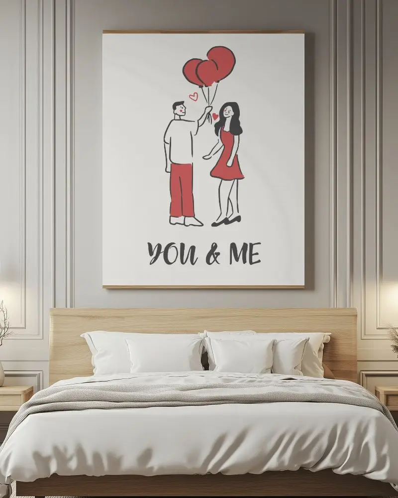 Modern Cozy Bedroom Wall Canvas Mockup Above Wooden Bedframe With Neutral Toned Bedding And Elegant Paneling