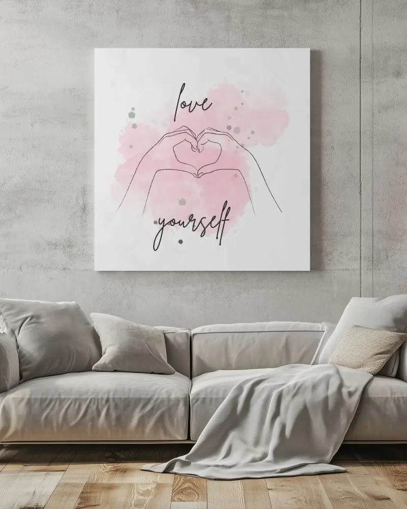 Modern Cozy Living Room Wall Canvas Mockup Above Neutral Toned Sofa With Soft Blanket And Textured Concrete Wall