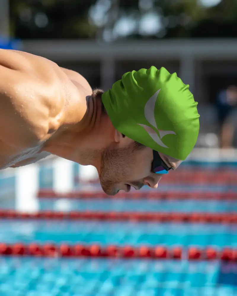 Closeup Athlete Preparing Swimming Competition With Silicone Waterproof Swim Cap Mockup