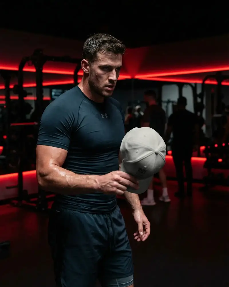 Muscle Training Athlete Holding Cap Mockup Inside Gym During Intense Workout Session