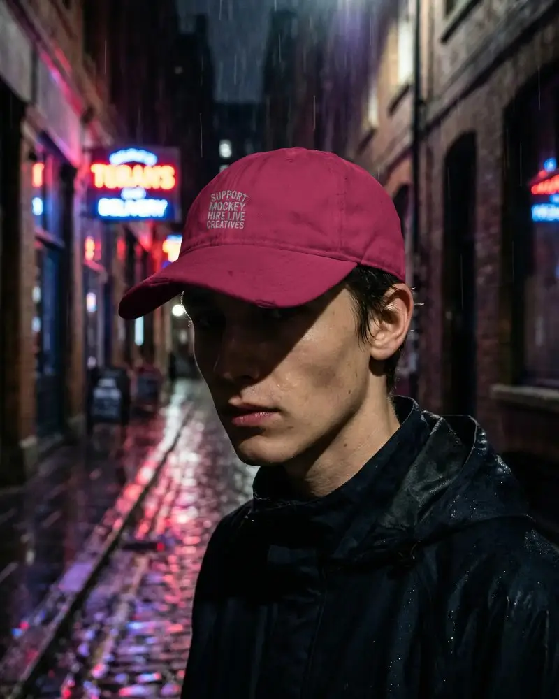 Urban Nighttime Cap Mockup Style Wet Streetwear Essentials For Modern Casual Headwear Fashion