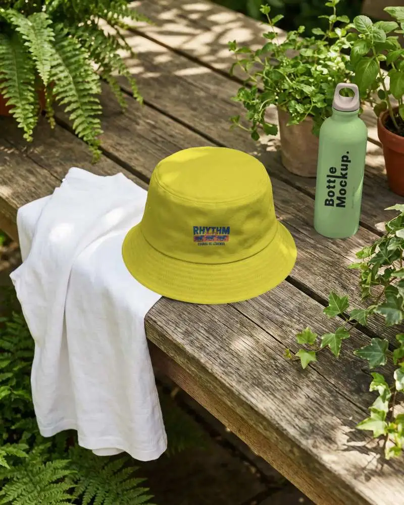 Blank Bucket Hat Mockup For Custom Designs Nature Themed Photo Background With Plants