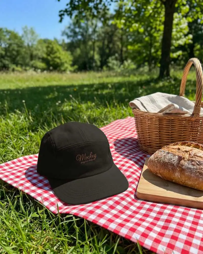 Blank Stylish Cap Mockup For Summer Headwear Promotion In Picnic Nature Setting Design