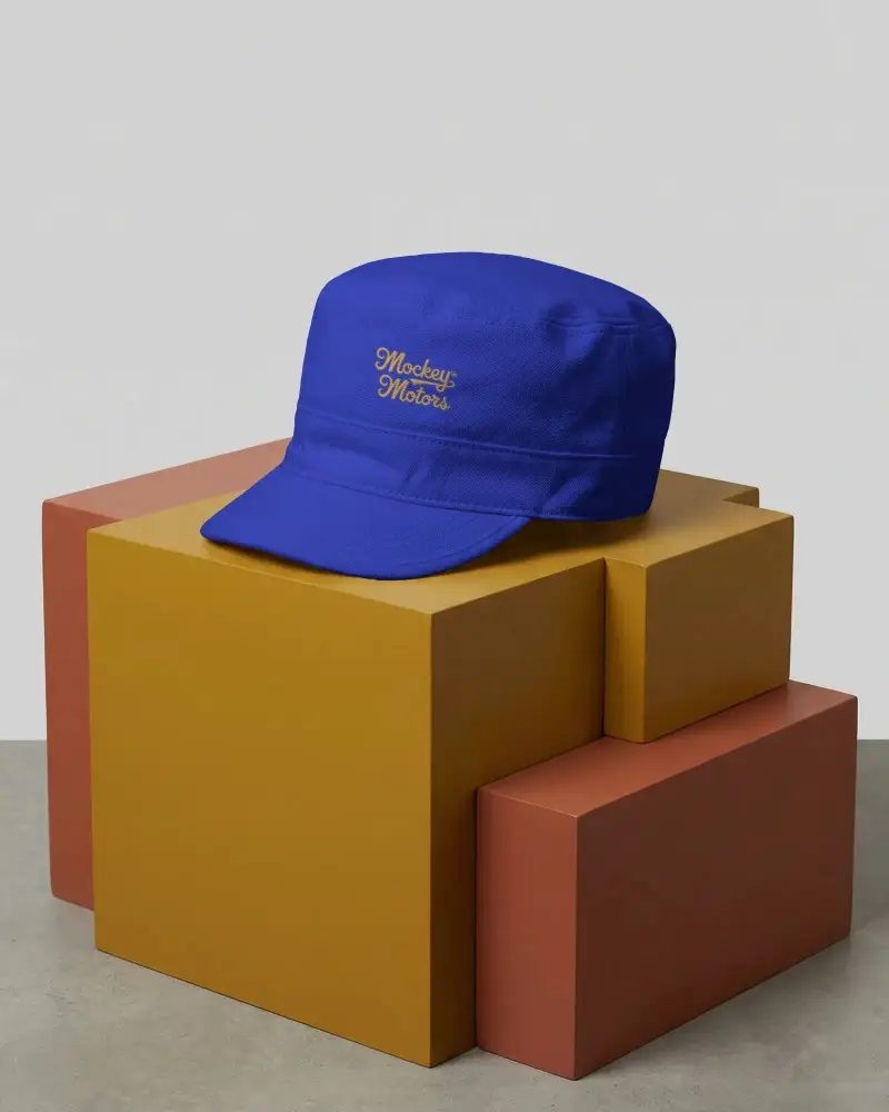 Military Style Cap Mockup On Geometric Blocks For Fashion Accessories Display