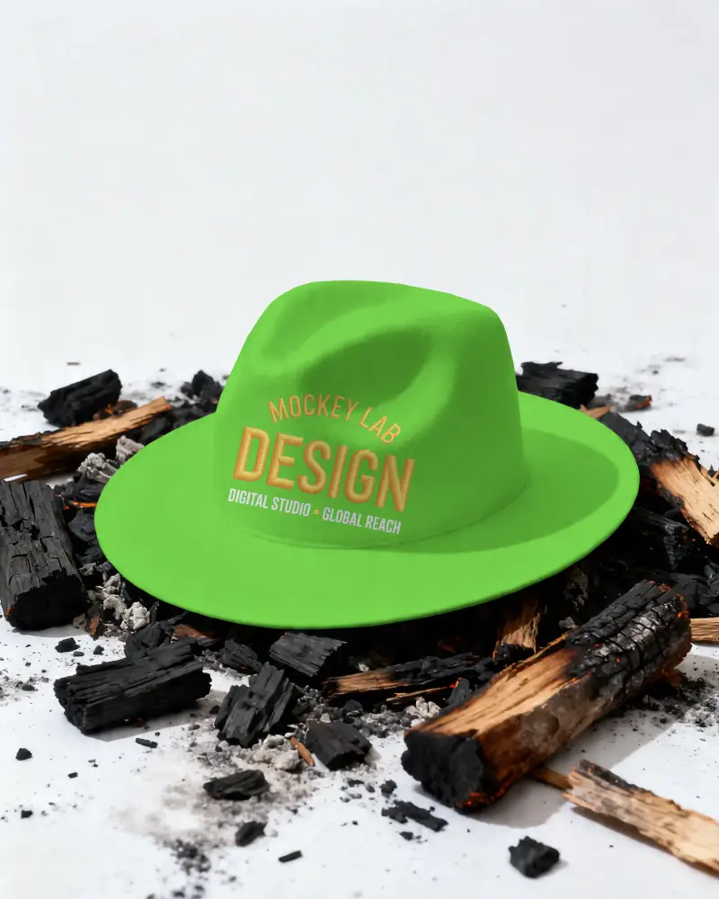 Stylish Fedora Hat Mockup Charred Wood Charcoal Background Cool Outdoor Accessory Trendy Look