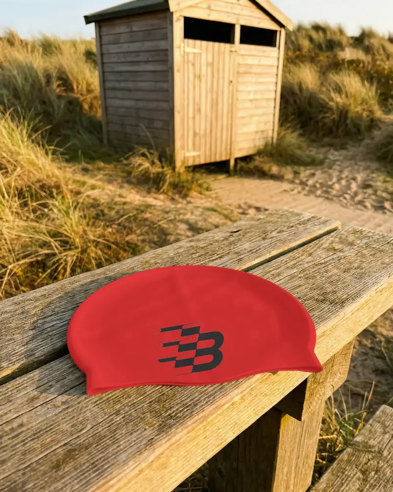 Sport Swimming Cap Mockup On Weathered Wood Bench With Nature And Hut Background