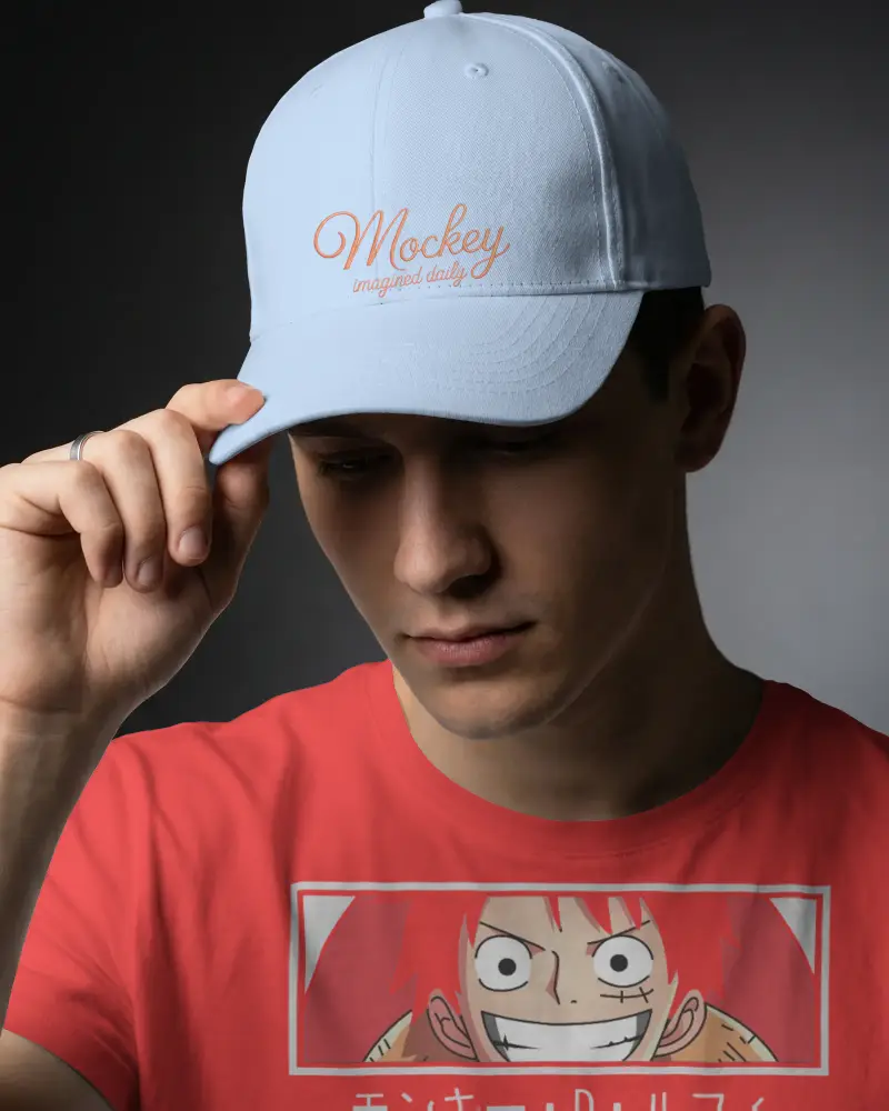Young Man Wearing Plain Baseball Cap Mockup With Curved Brim In Stylish Casual Look Photo