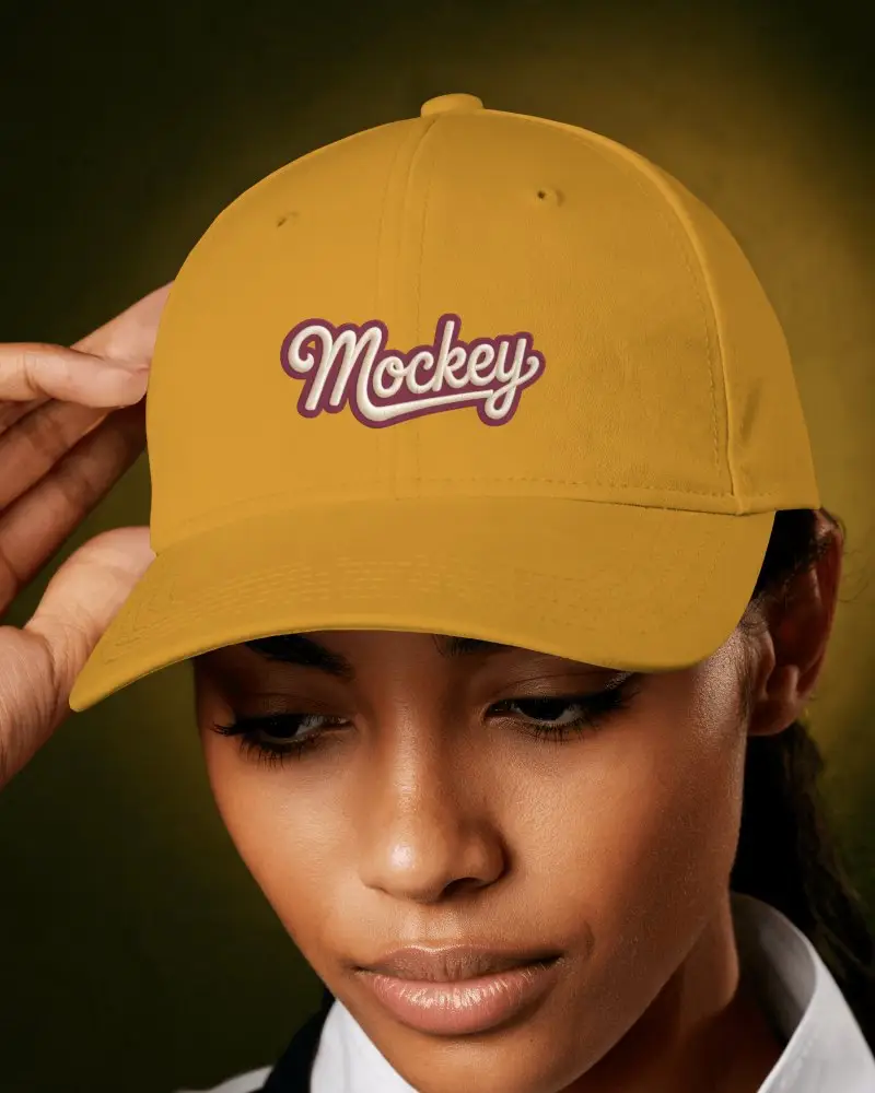 Female Model Wearing Cap Gently Adjusting Brim With Downcast Eyes In Soft Studio Lighting