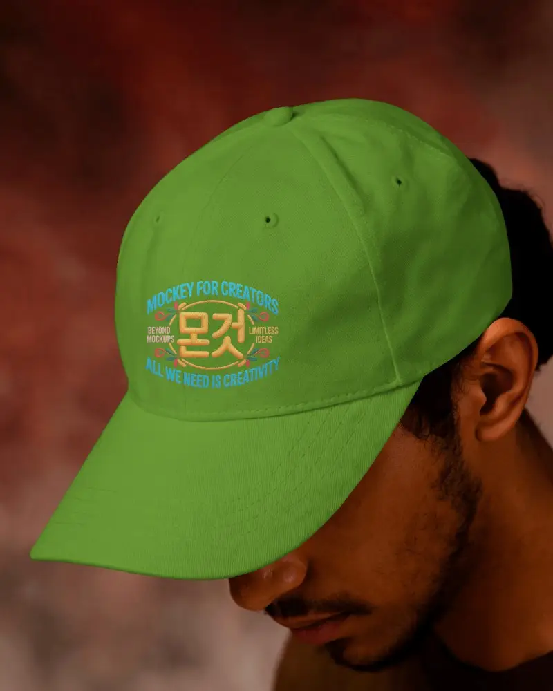 Close Up Baseball Cap Mockup Showing Male Model Adjusting Brim In Neutral Professional Studio