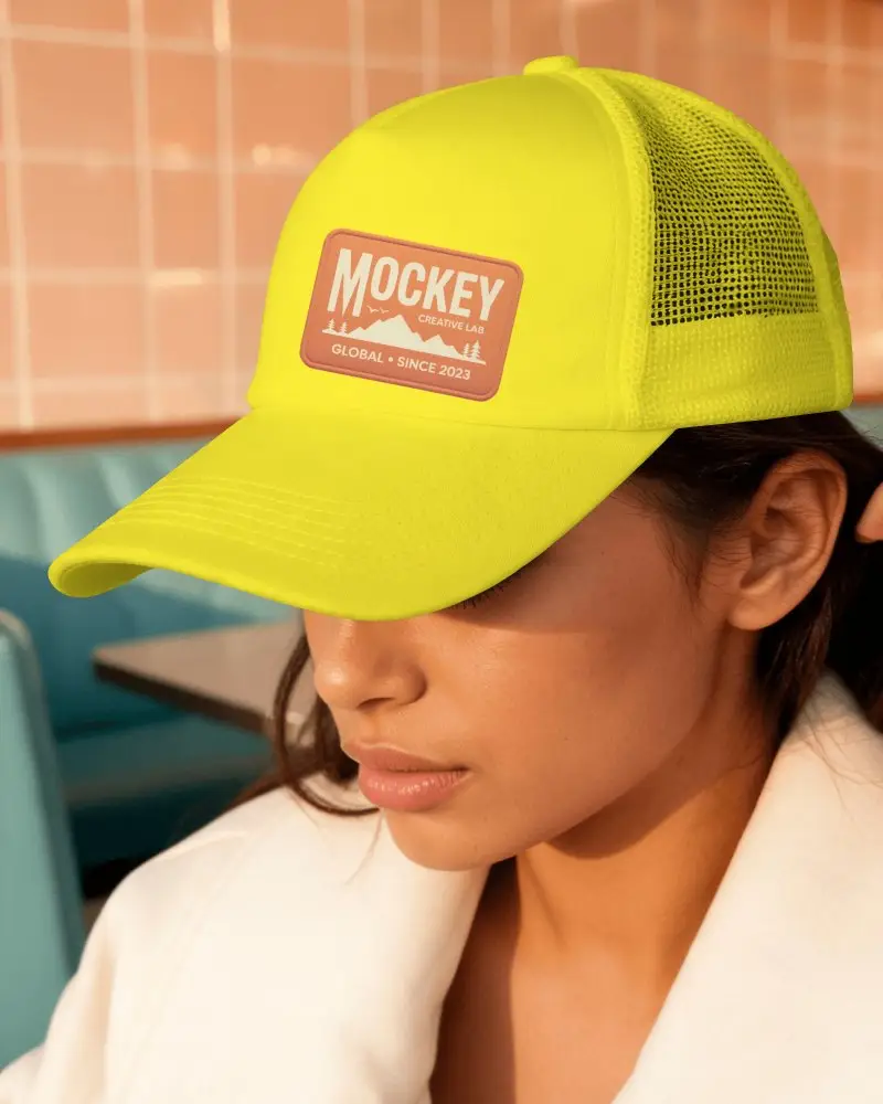Close Up Trucker Cap Mockup Showing Female Model Facing Downward With Calm Expression And Subtle