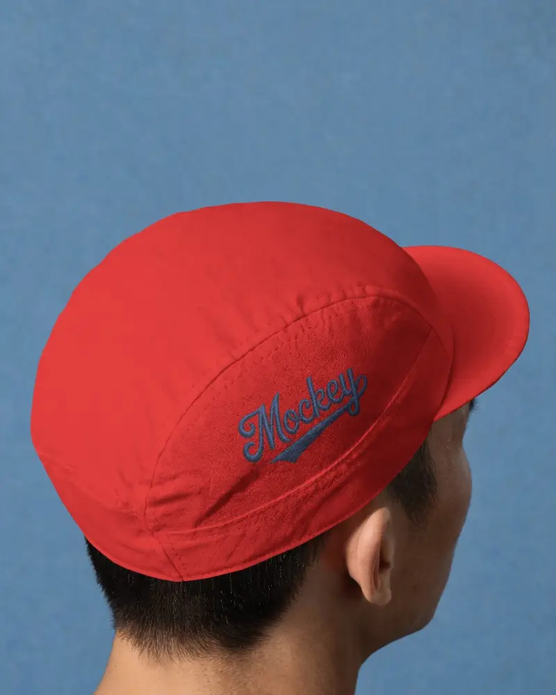 Rear View Cycling Cap Mockup Male Model Facing Away Showing Cap Shape And Panel Detail