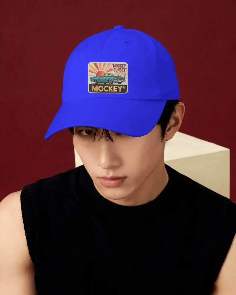 Male Model Wearing Baseball Cap Facing Forward With Slightly Downcast Gaze In Studio Lighting
