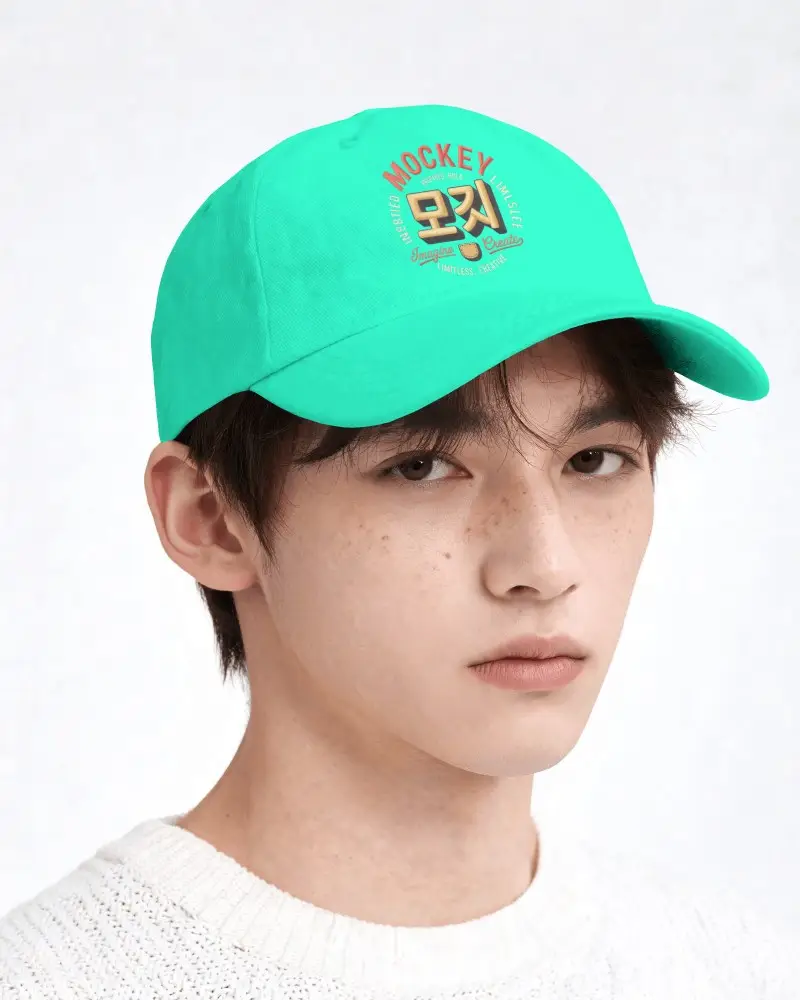 Male Model Wearing Baseball Cap Looking Forward With Calm Expression In Soft Studio Light