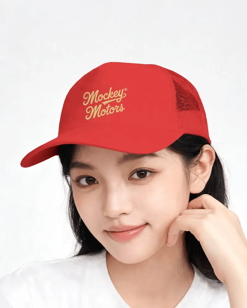 Female Model Wearing Trucker Cap Smiling Gently With Hand Near Face In Soft With Relaxed Expression