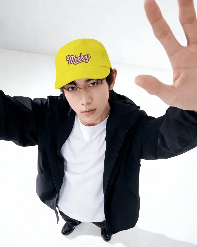 Baseball Cap Mockup High Perspective Showing Male Model Looking Up Intense Gaze Dynamic Studio Angle