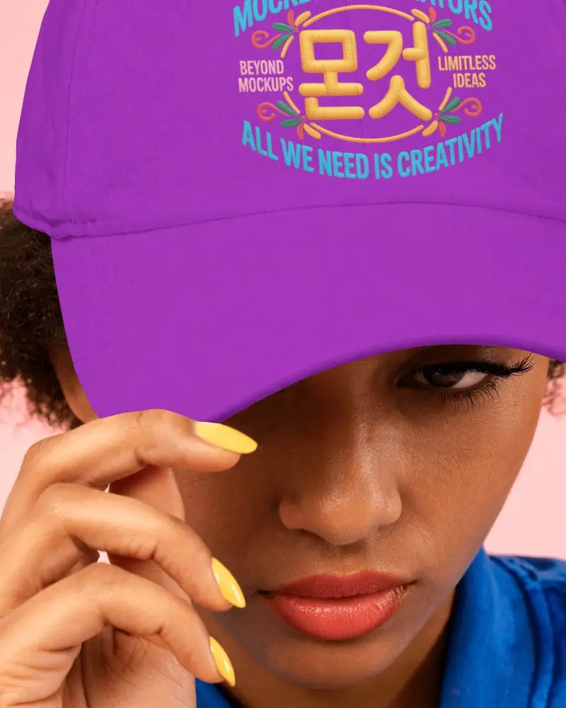 Professional Studio Baseball Cap Mockup Female Model Adjusting Hat Brim With Subtle Expression