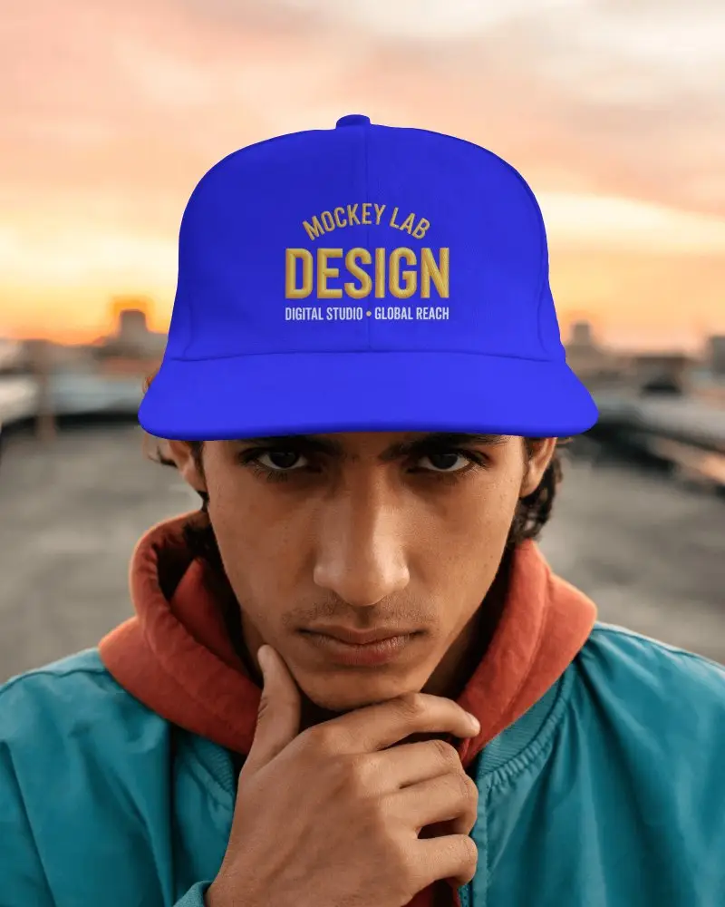 Outdoor Lifestyle Baseball Cap Mockup Male Model Facing Camera With Focused Expression At Sunset