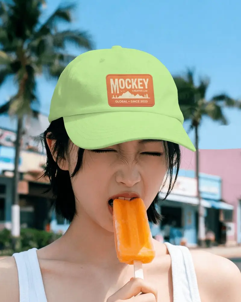 Outdoor Lifestyle Baseball Cap Mockup Female Model Facing Camera Enjoying Sweet Summer Treat