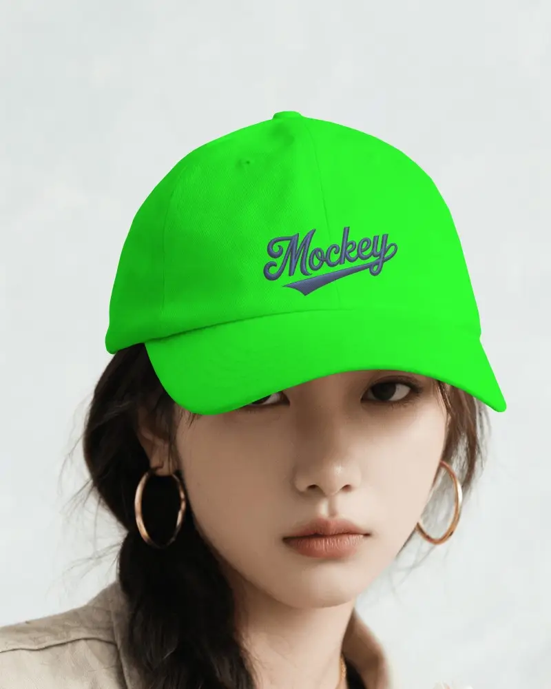 Professional Studio Baseball Cap Mockup Female Model Looking Forward With Subtle Intense Gaze