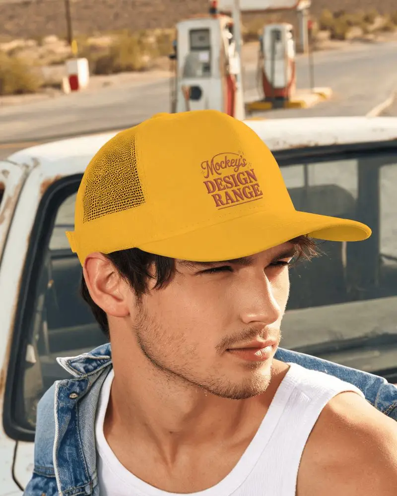 Lifestyle Trucker Cap Mockup Male Model Leaning Slightly Forward On Desert Road With Hand Near Face