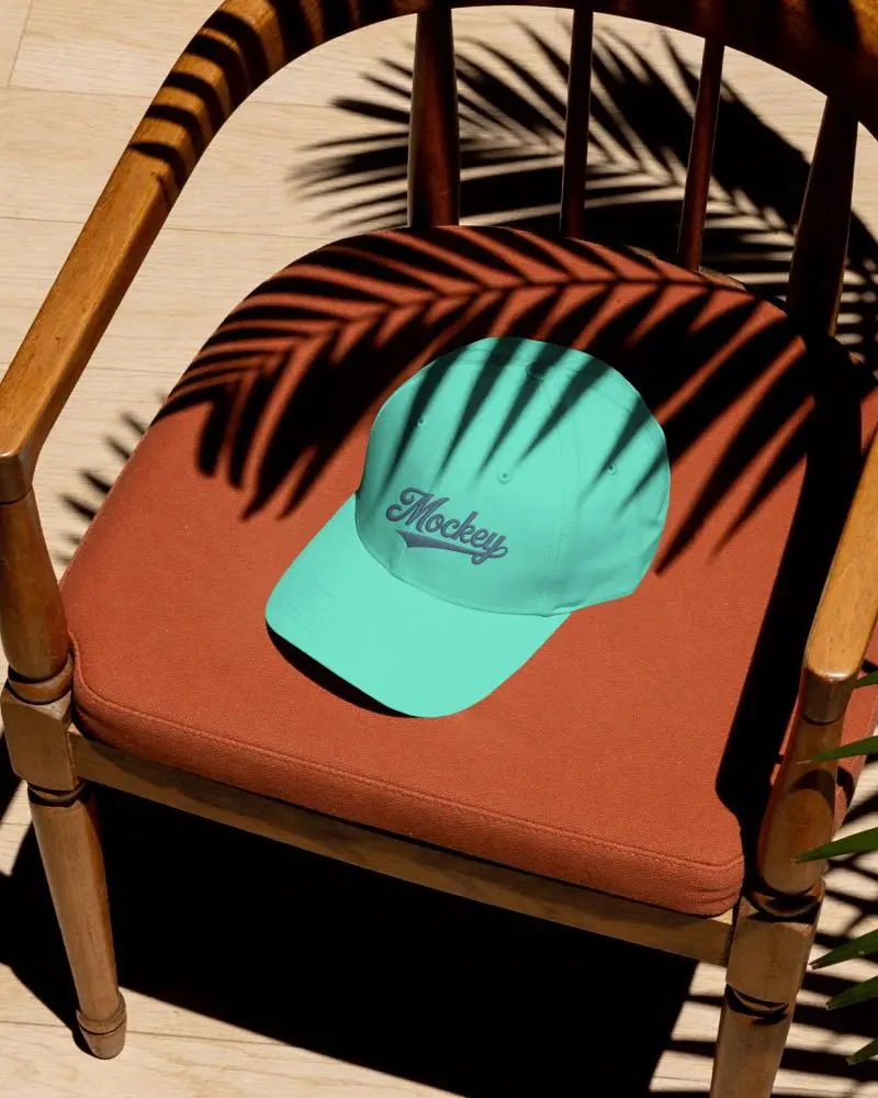Tropical Resort Baseball Cap Mockup Placed On Chair Seat With Natural Leaf Shadows And Warm Daylight