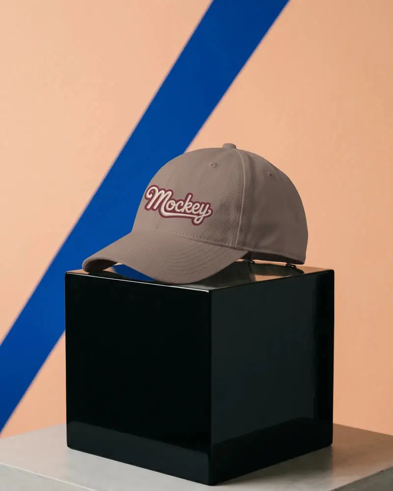 Plain Baseball Cap Mockup On Simple Modern Display For Custom Logo Printing Designers