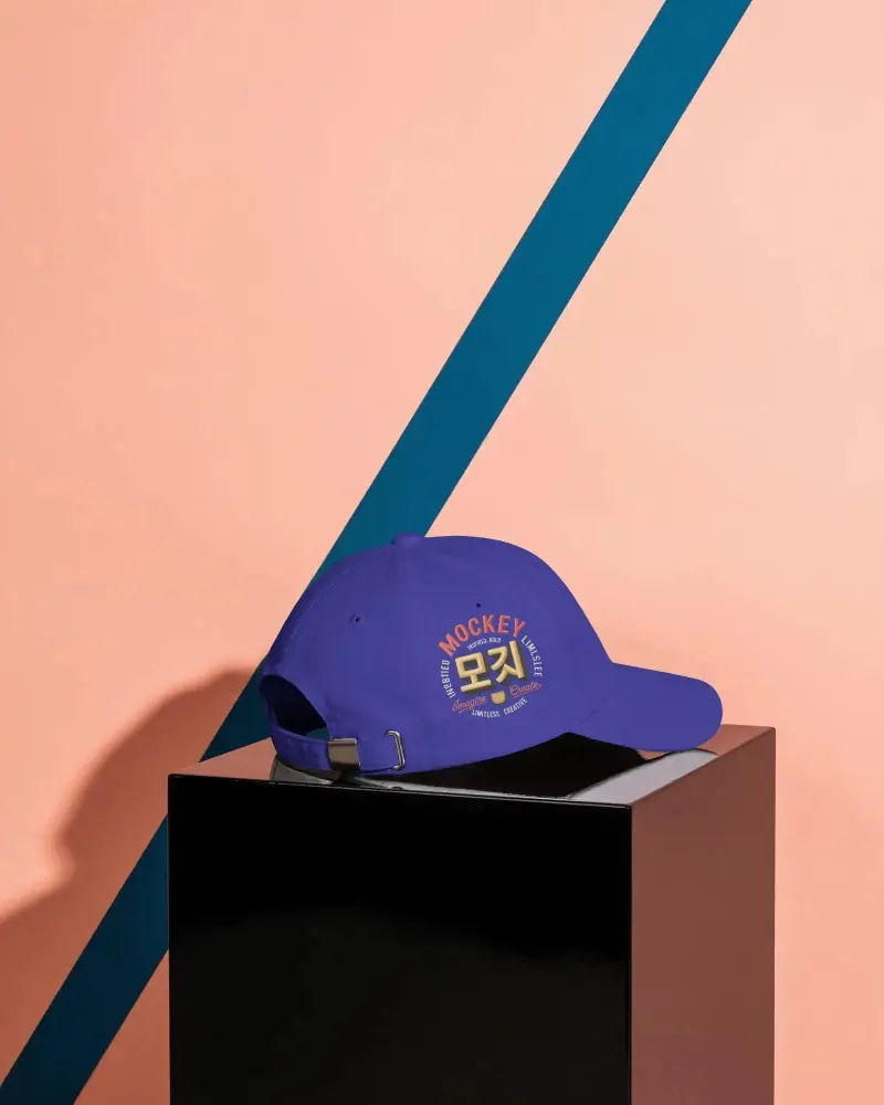 Classic Baseball Cap Mockup Displayed On Modern Black Cube Background Studio Shot