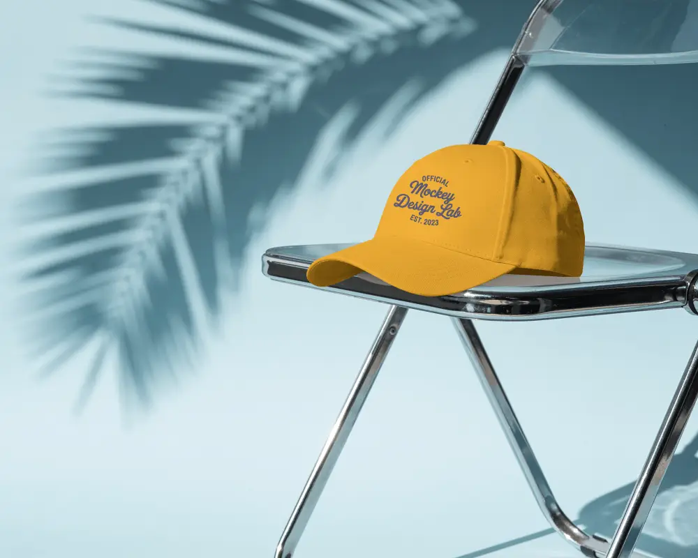 Stylish Adjustable Cap Mockup On Modern Chair For Promotional Branding