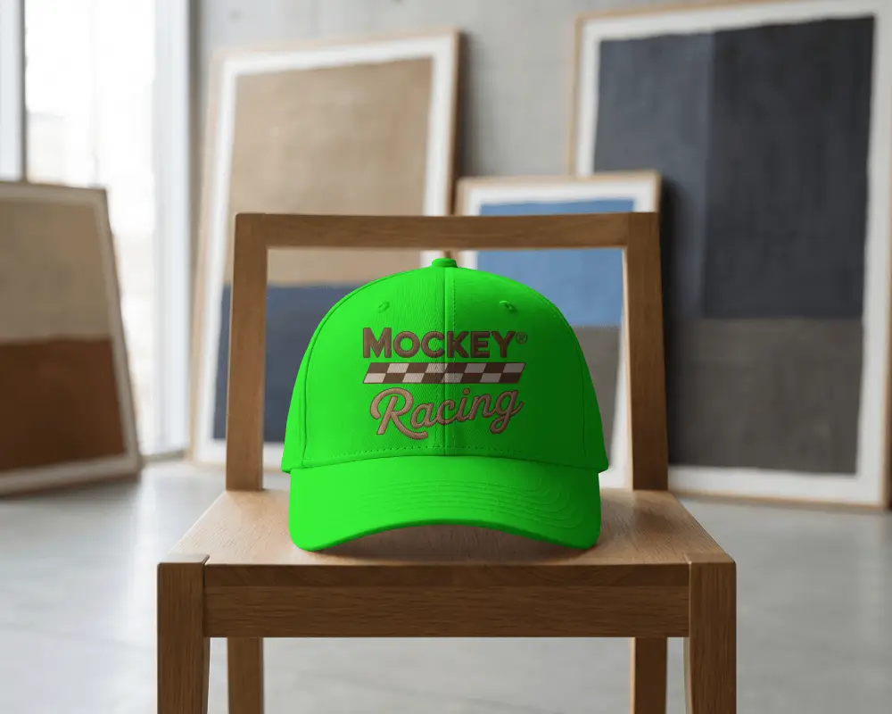 Premium Baseball Cap Mockup On Wooden Chair Minimalist Studio Background Perfect For Custom Logo