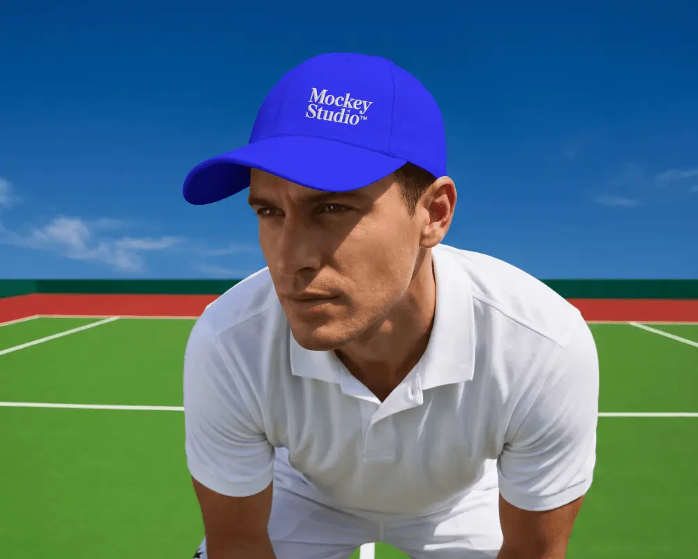 Professional Athlete Sport Cap Mockup For Custom Logo Branding On Summer Tennis Court Background