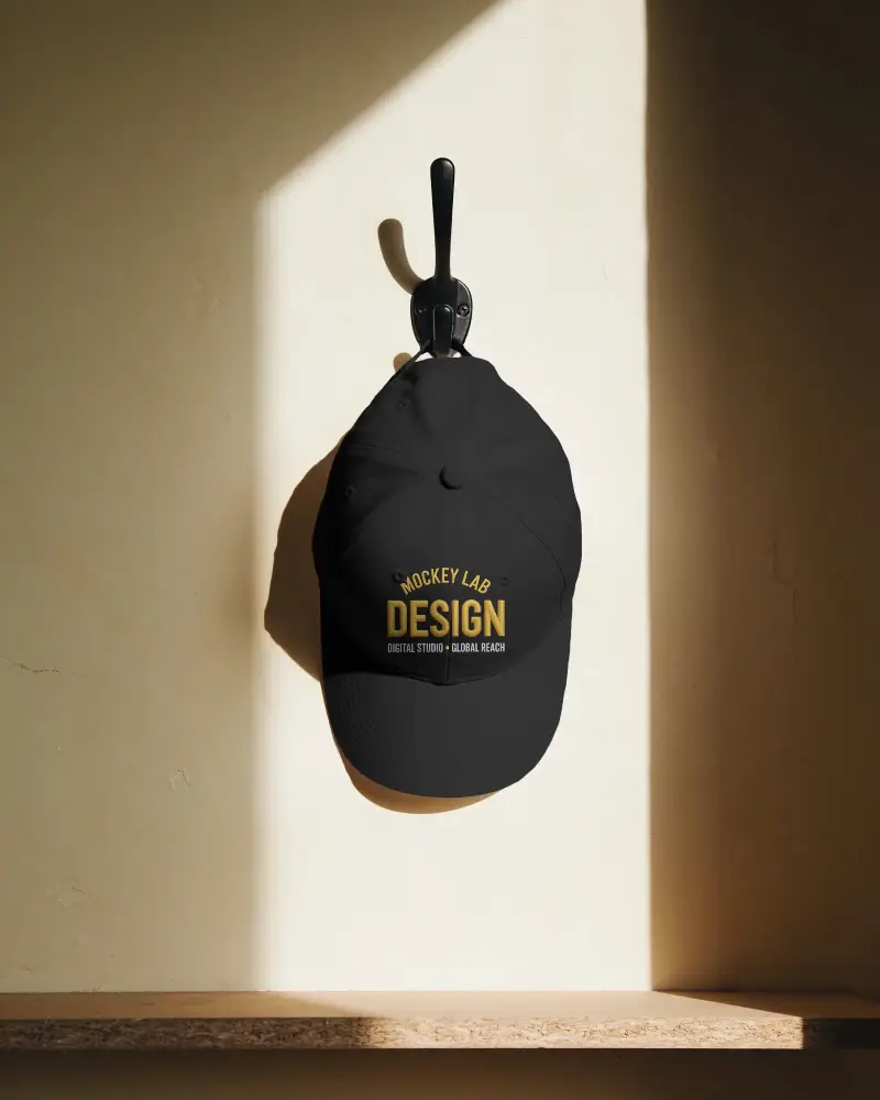 Classic Baseball Cap Mockup Hanging On Wall Hook Minimalist Style Accessory For Casual Wear