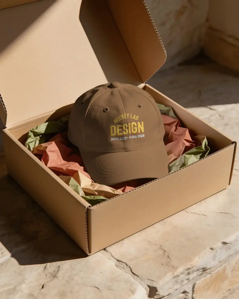 Premium Baseball Cap Mockup In Eco Friendly Packaging For Custom Logo Printing
