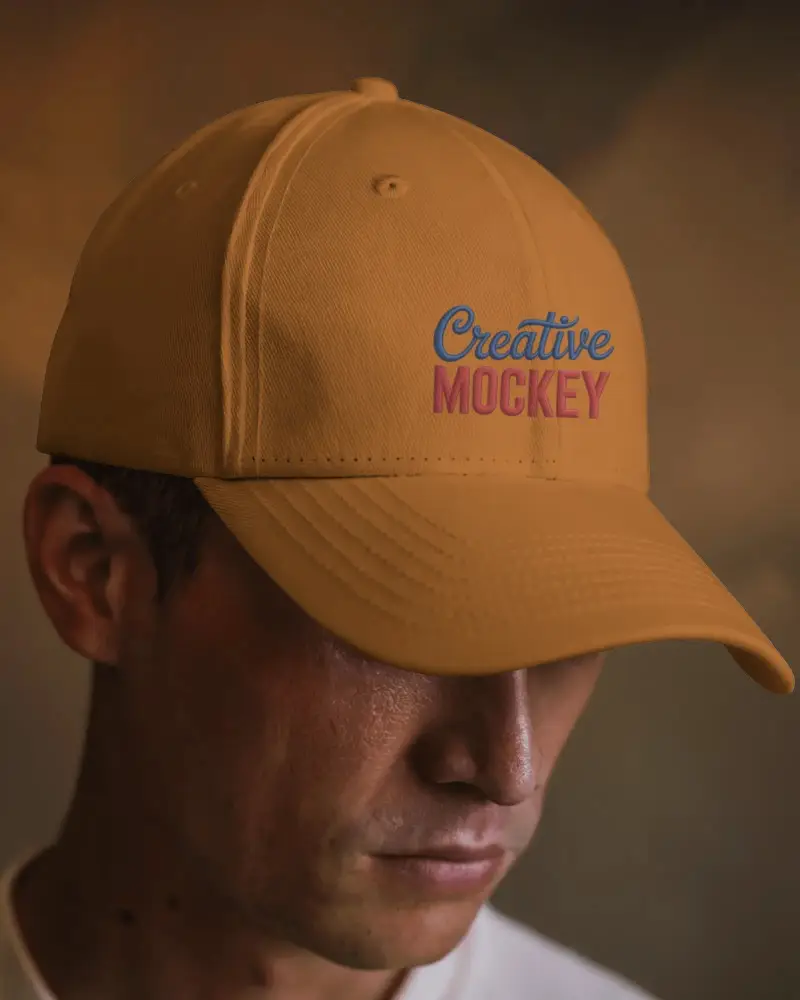 Focused Closeup Dad Cap Mockup Male Model Looking Down In Moody Lighting With Soft Blur