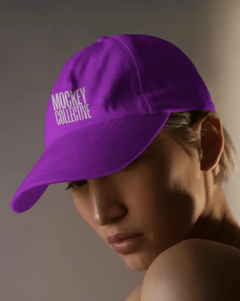 Moody Studio Cap Mockup Woman Looking Down In Soft Diffused Light Subtle Background Tone