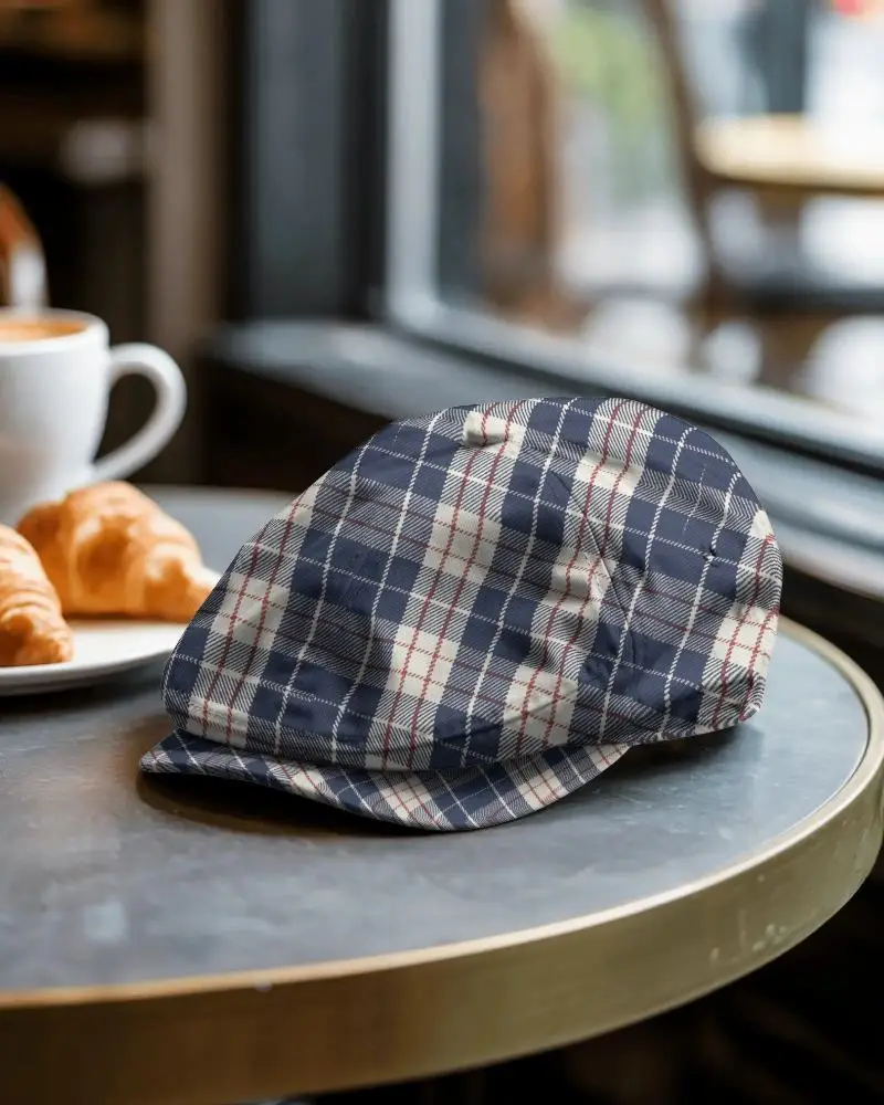 Cozy Cafe Flat Cap Mockup Placed On Round Table With Croissants Near Window In Soft Natural Light