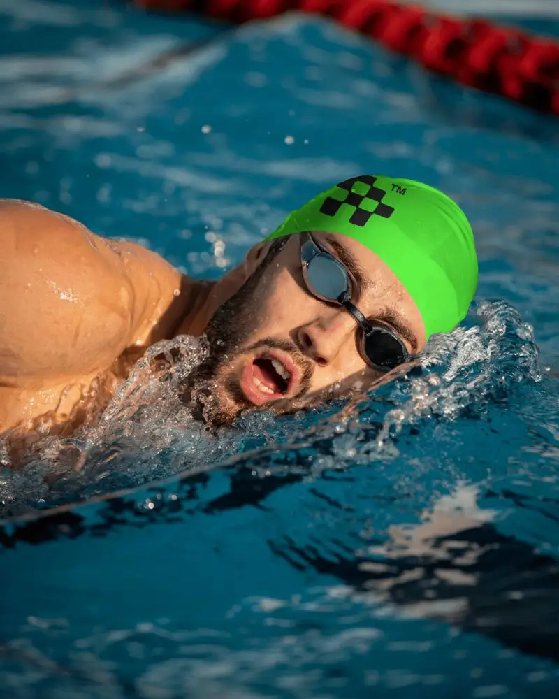 Outdoor Pool Swim Cap Mockup Male Swimmer In Motion Mid Stroke With Splashing Water Energy