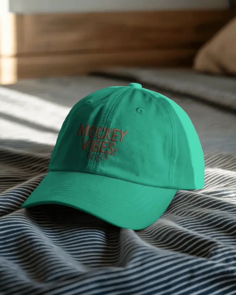 Lifestyle Cap Mockup On Striped Bed Sheets With Sunlight Shadows Cozy Home Fashion Display