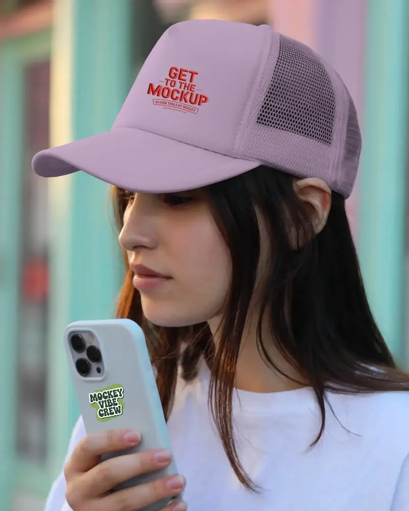 Sporty Casual Trucker Cap And Phone Cover Mockup For Branding And Personalized Fashion Accessory