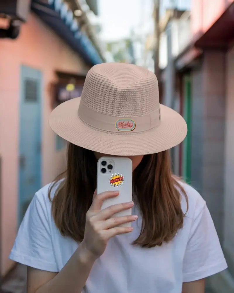 Casual Street Style Cap Mockup On Person Capturing Photo With Mobile Device In Hand
