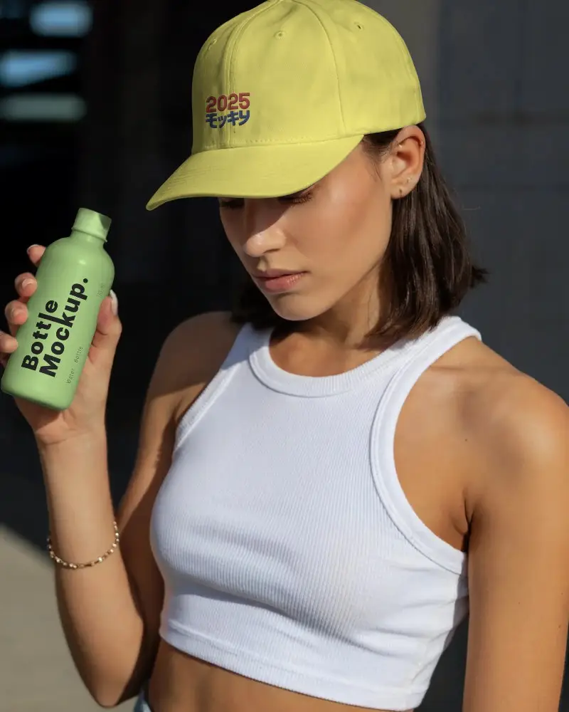 Classic Unisex Baseball Cap And Bottle Mockup Perfect For Casual Wear And Everyday Outdoor