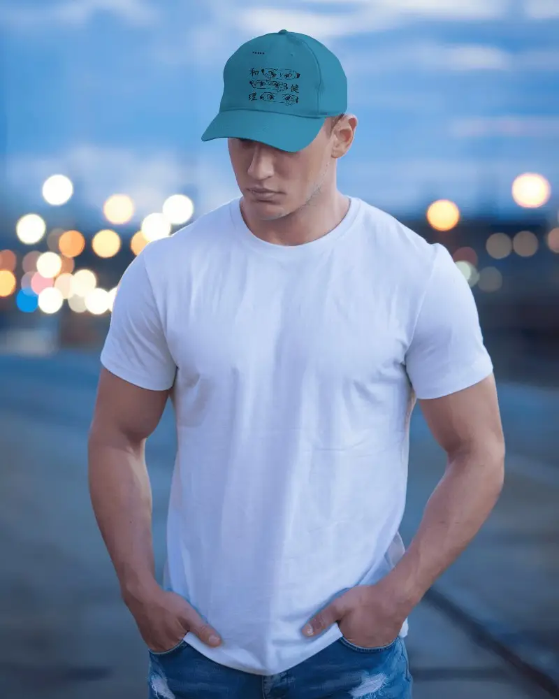 Stylish Evening Cap Mockup On Man In White Shirt And Ripped Jeans Urban Background Lifestyle Vibes