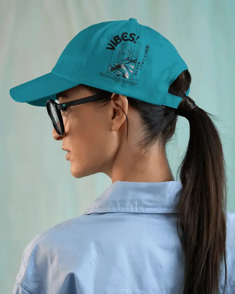 Trendy Cap Mockup Teal Hat Design On Woman Side Angle Studio Background Perfect For Branding Preview